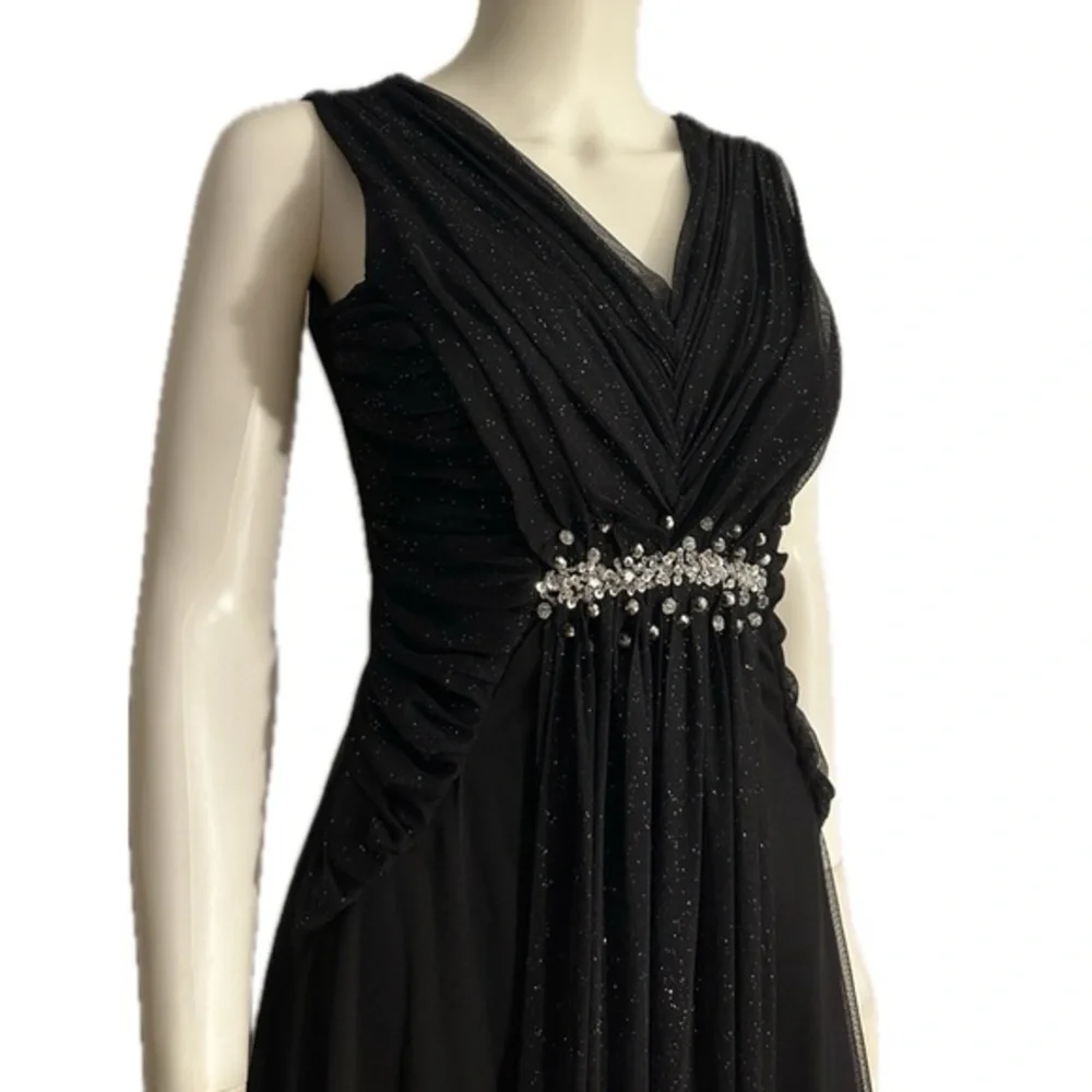 NWT A-Line Formal Maxi Dress‎ Sleeveless V-Neck Tulle Beaded Evening Gown Black